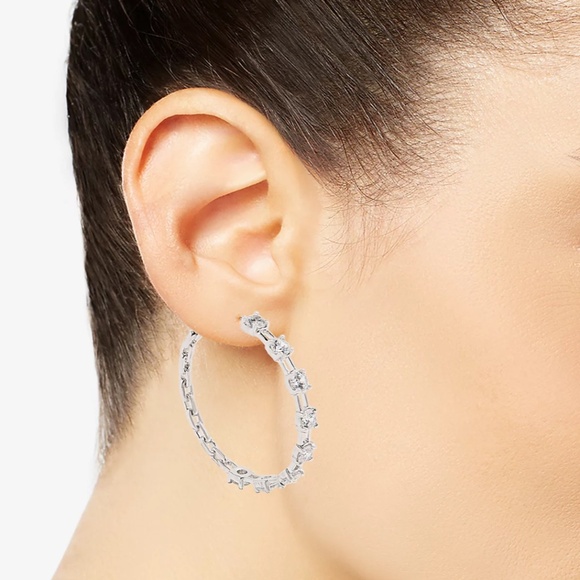 Crystal Square Link Medium Hoop Earrings Silver - Picture 1 of 2